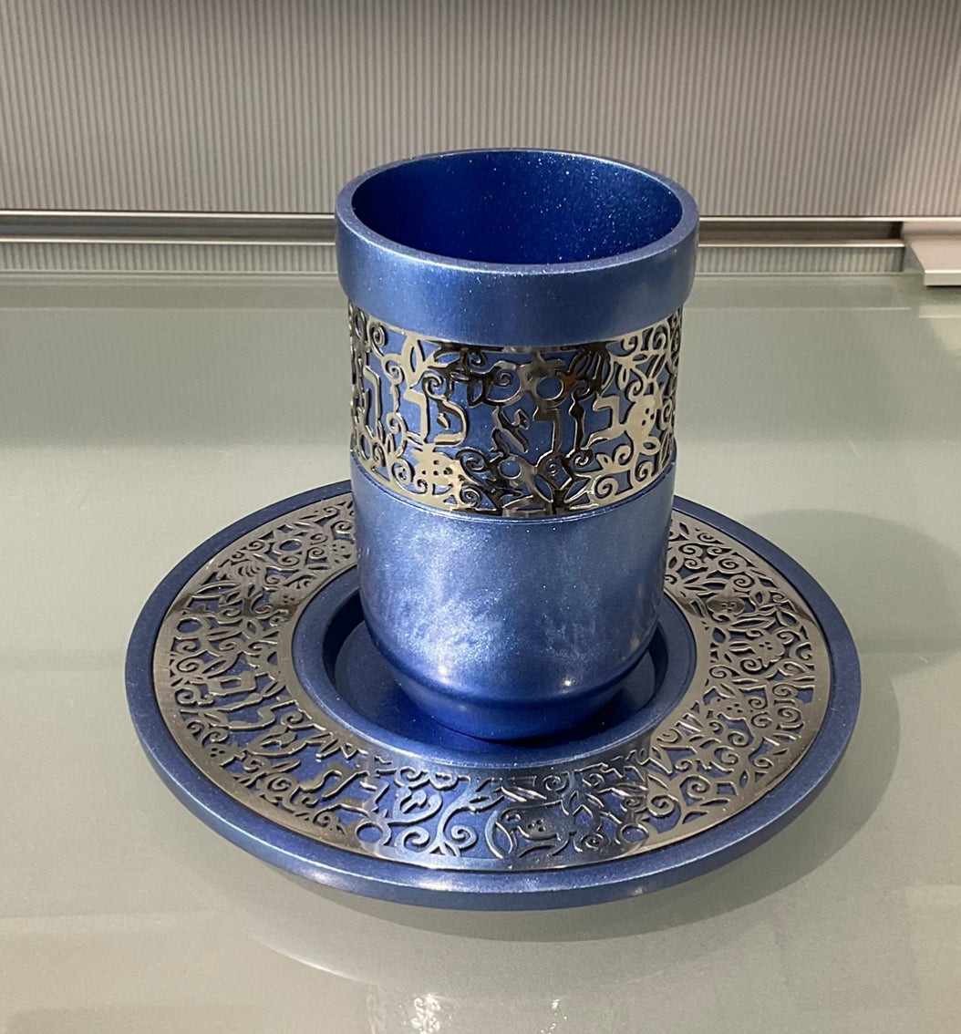 Kiddush Cup + Wide Metal Cutout - Blue Pomegranate design