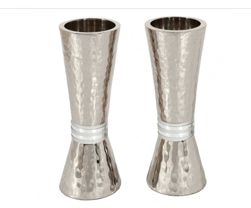 Emanuel tapered hammered candlesticks with silver coloured rings