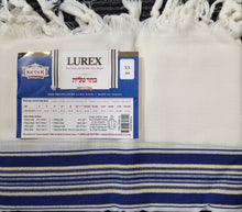 Load image into Gallery viewer, Keser Tallit - Lurex - Blue/Silver Striped OR Blue/Gold Striped
