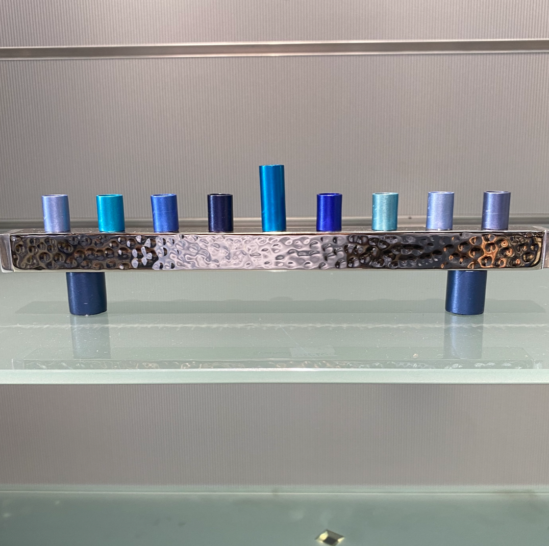 Emanuel Blue Round Cups Hammered Hanukkah Menorah