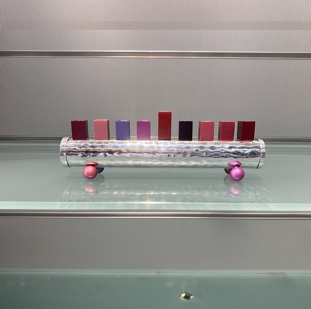 Emanuel Small Pink Square Cups Hammered Hanukkah Menorah