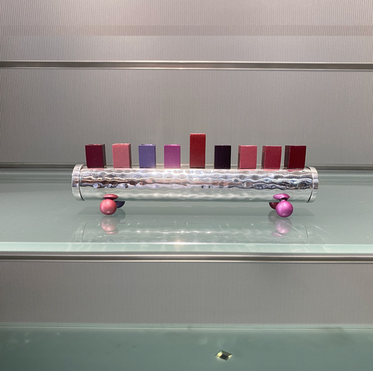 Emanuel Small Pink Square Cups Hammered Hanukkah Menorah