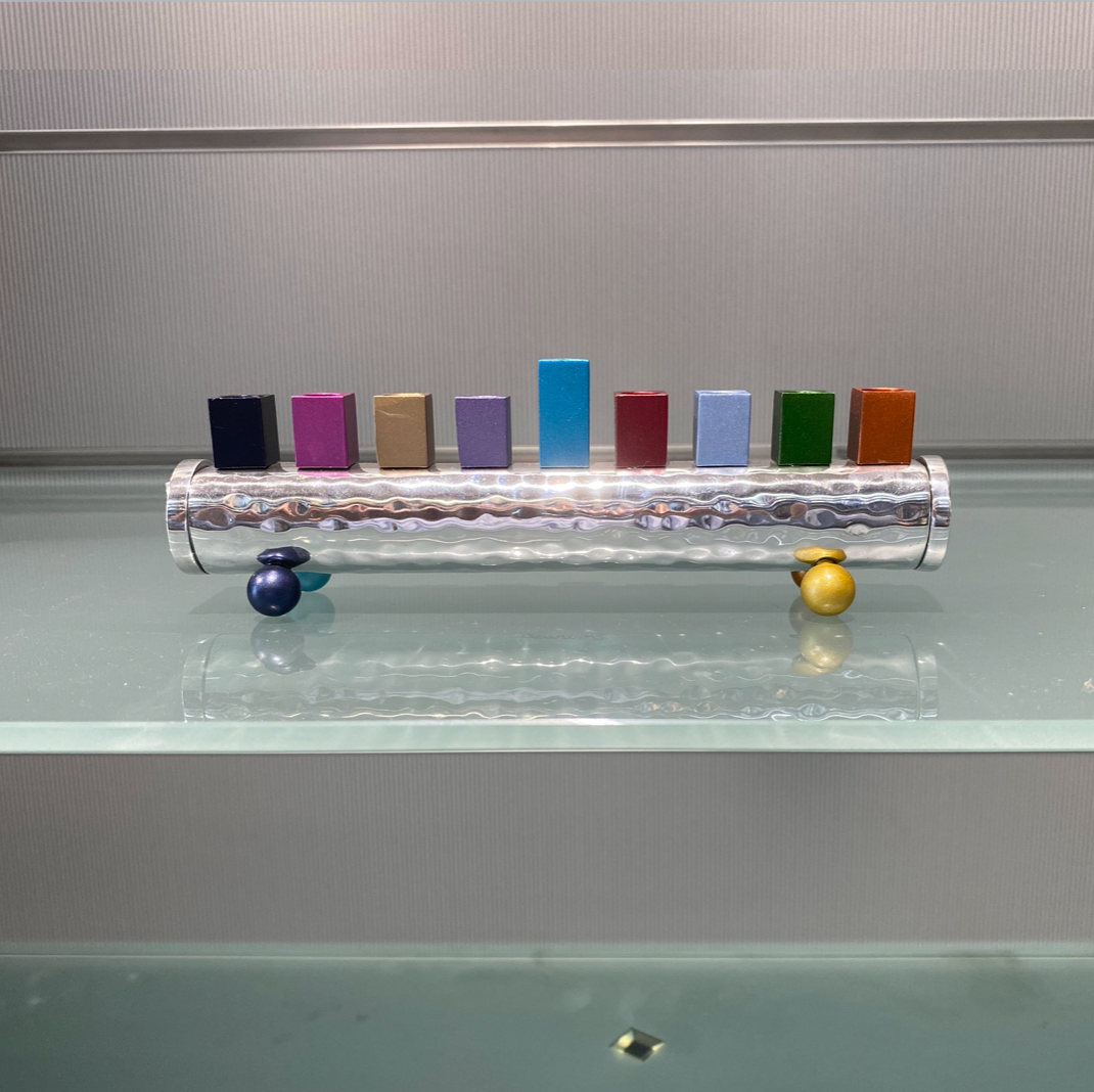 Emanuel Small Multicoloured Square Cups Hammered Hanukkah Menorah