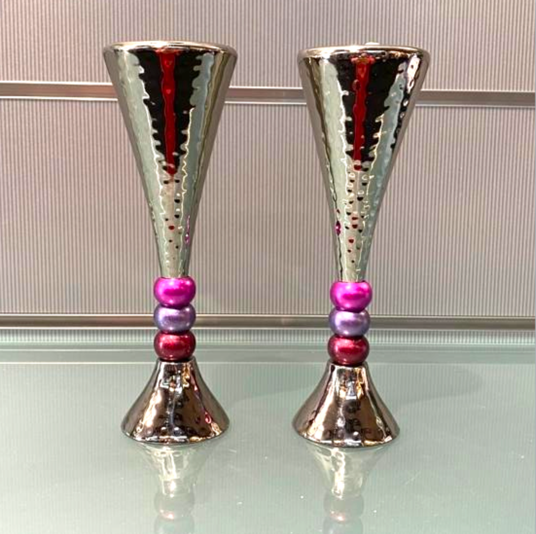 Emanuel Shabbat Candlesticks - Pink, Purple and Red Rings
