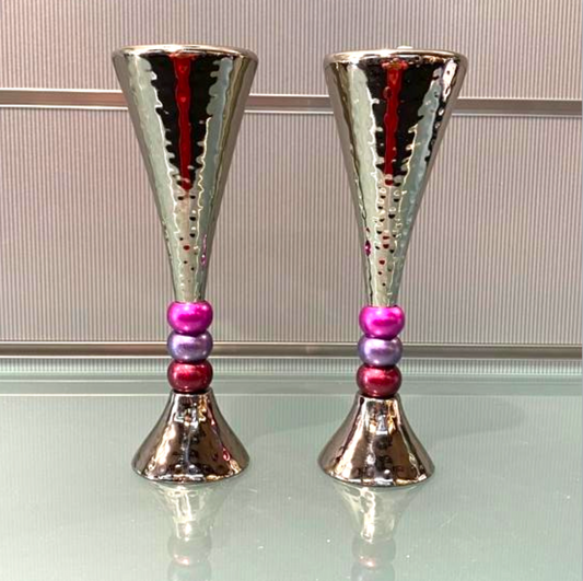 Emanuel Shabbat Candlesticks - Pink, Purple and Red Rings