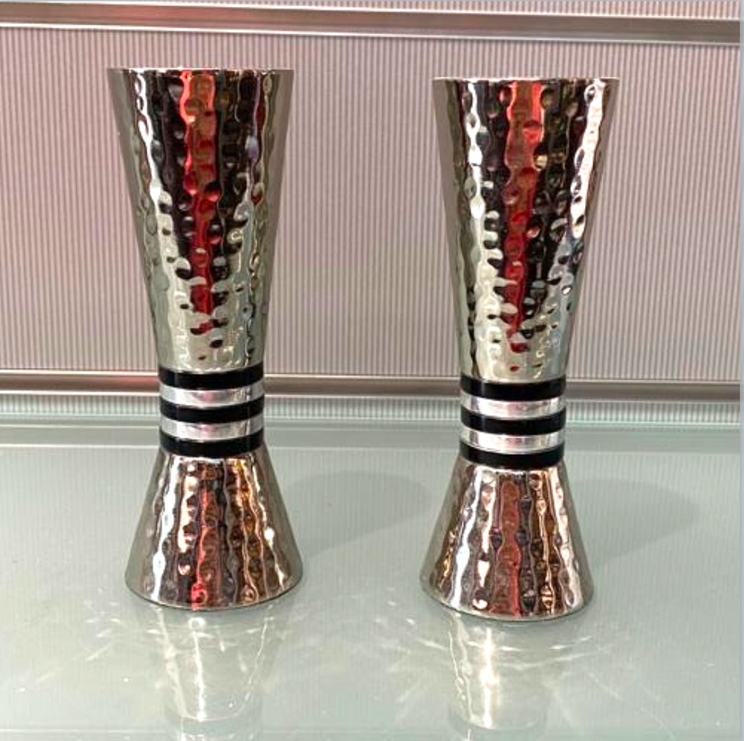 Emanuel Shabbat Candlesticks - Black and Silver Stripes