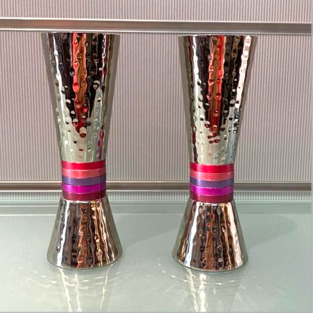 Emanuel Shabbat Candlesticks - Shades of Red and Purple Stripes
