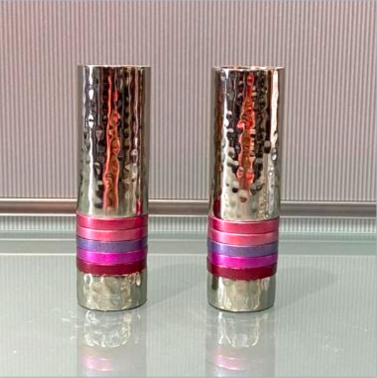 Emanuel Short Shabbat Candlesticks - Shades of Red and Purple Stripes