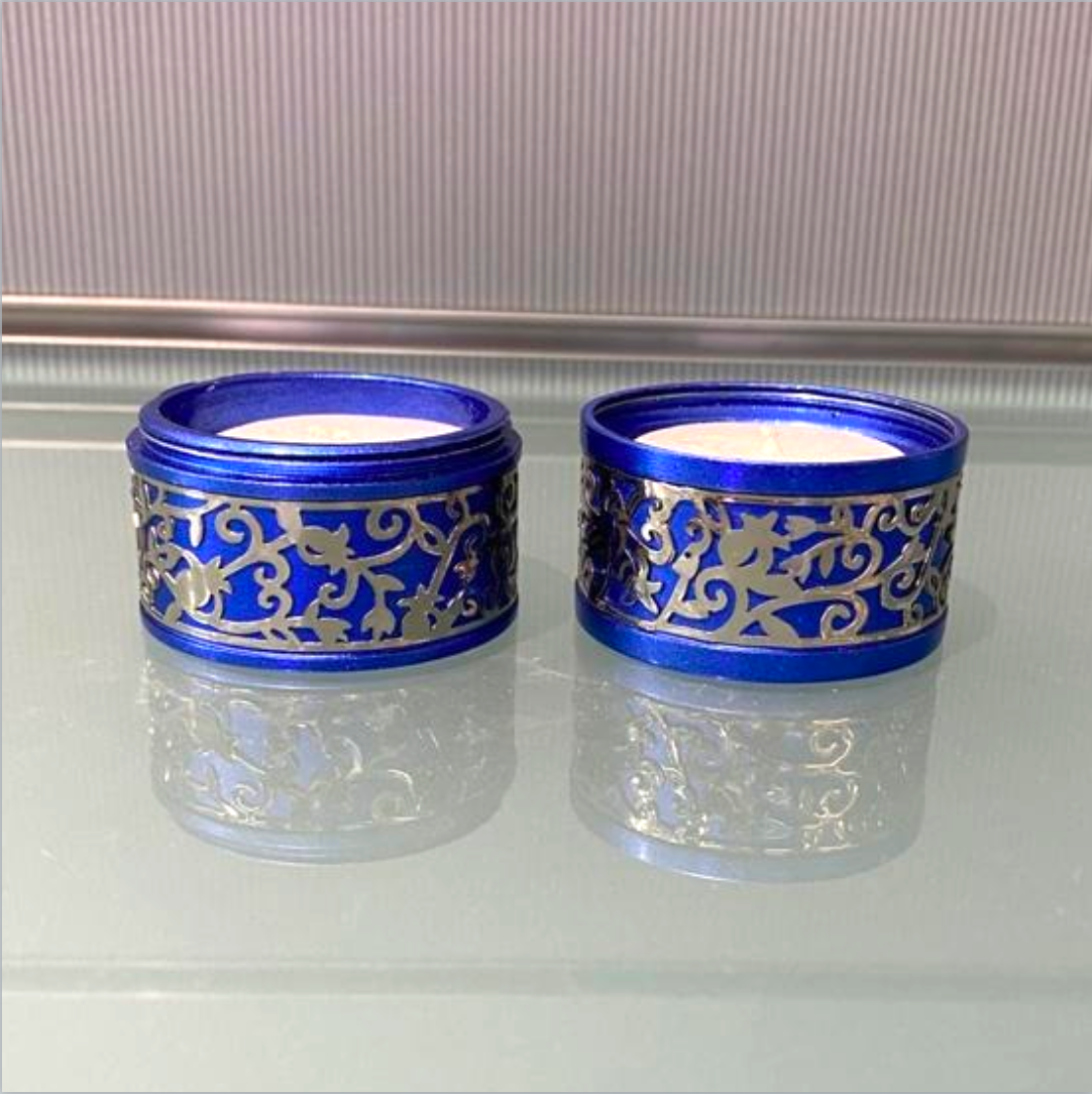 Emanuel Shabbat Tea-Light Travel Holders - Blue Filigree