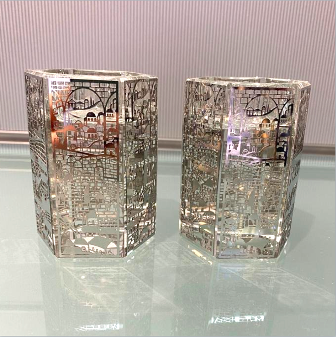 ART Shabbat Candle Sticks - Glass With Filigree