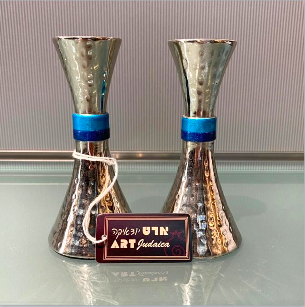 ART Silver Plated Small Shabbat Candle Sticks - Blue Ring