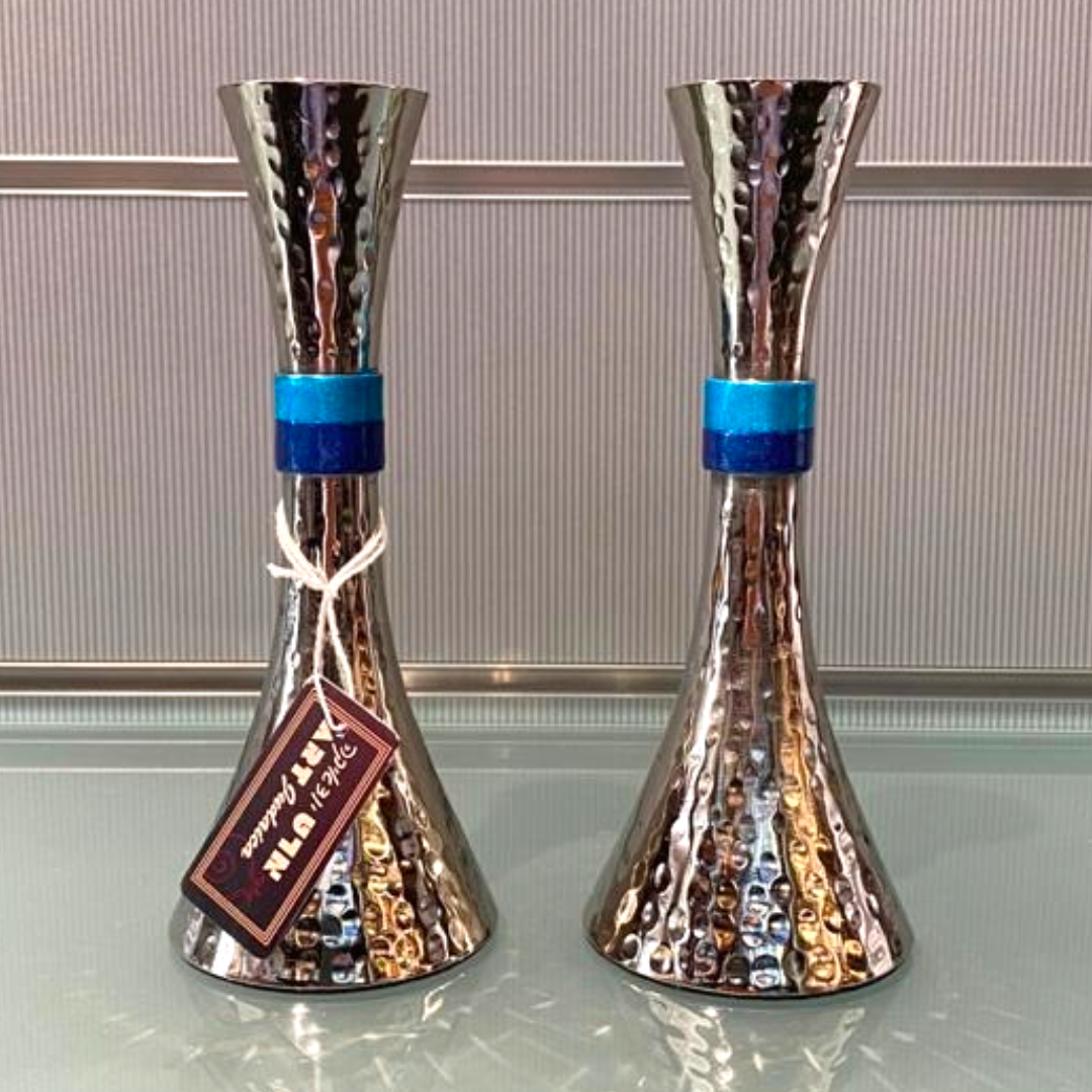 ART Medium Silver Plated Shabbat Candle Sticks - Blue Ring
