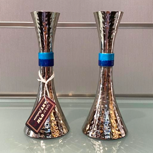 ART Medium Silver Plated Shabbat Candle Sticks - Blue Ring