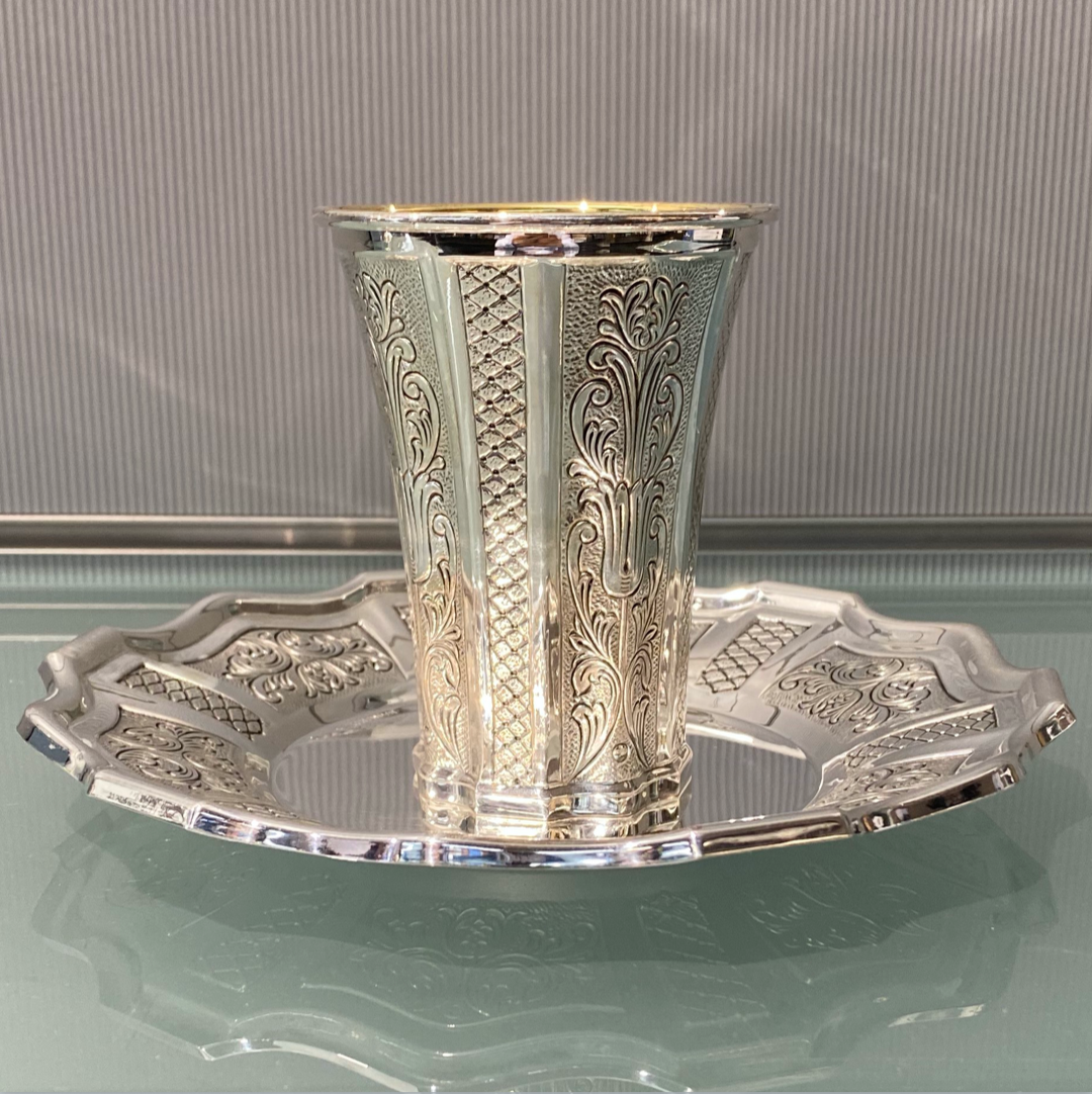 BANDINI Sterling Silver Kiddush Cup & Plate Set - Design 1