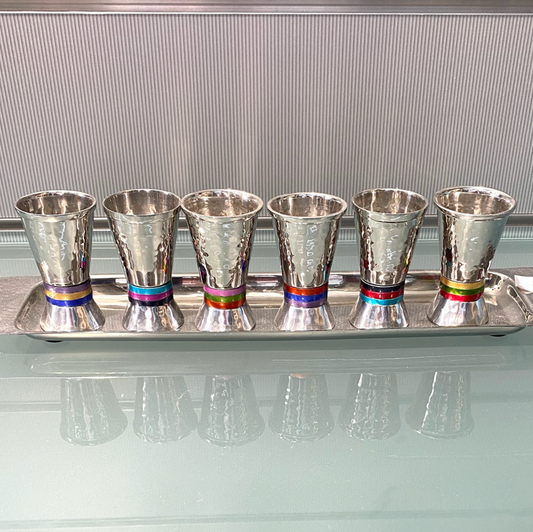 Emanuel Liquor Set of 6 Cups with Tray - Hammered / Rainbow Stripe design