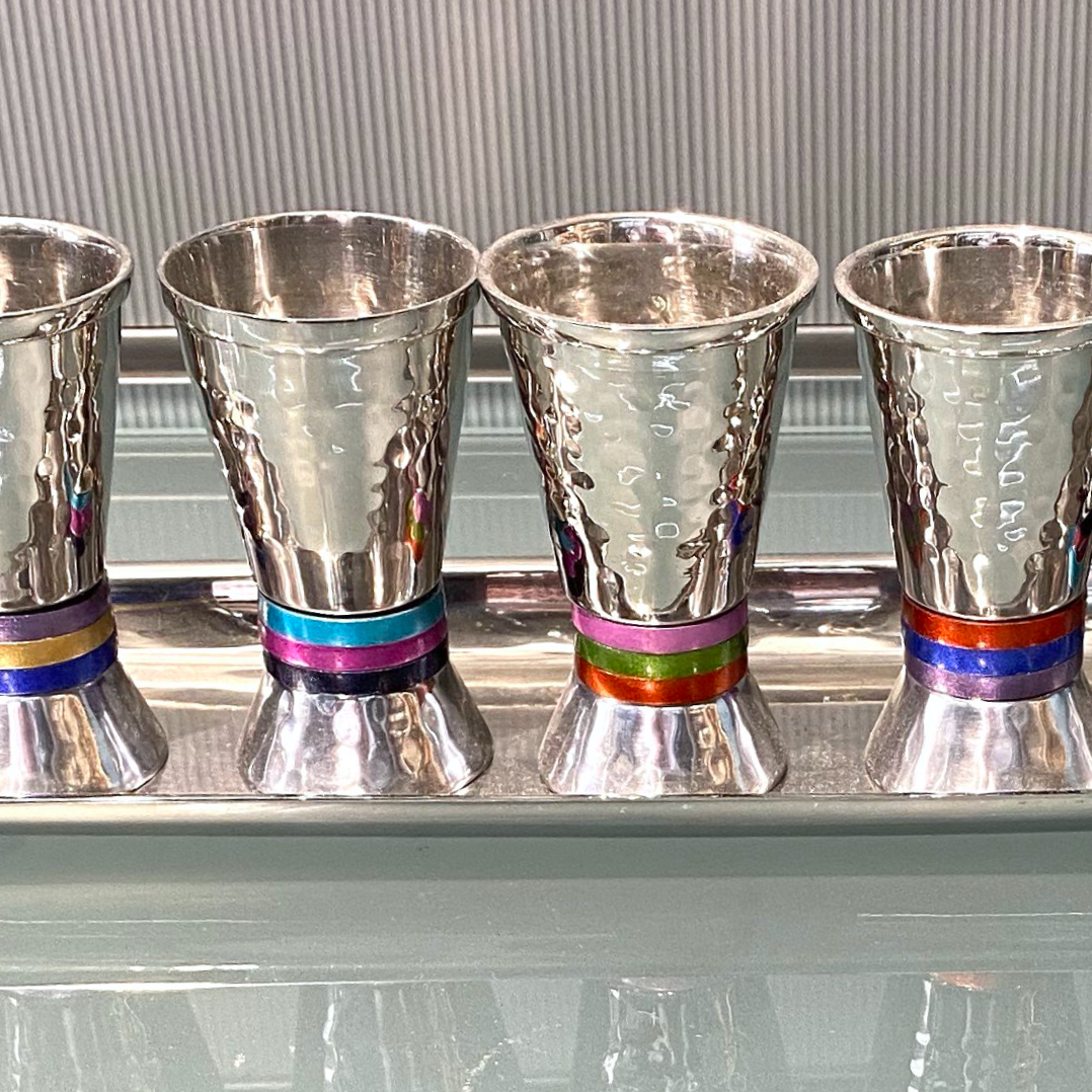 Emanuel Liquor Set of 6 Cups with Tray - Hammered / Rainbow Stripe design