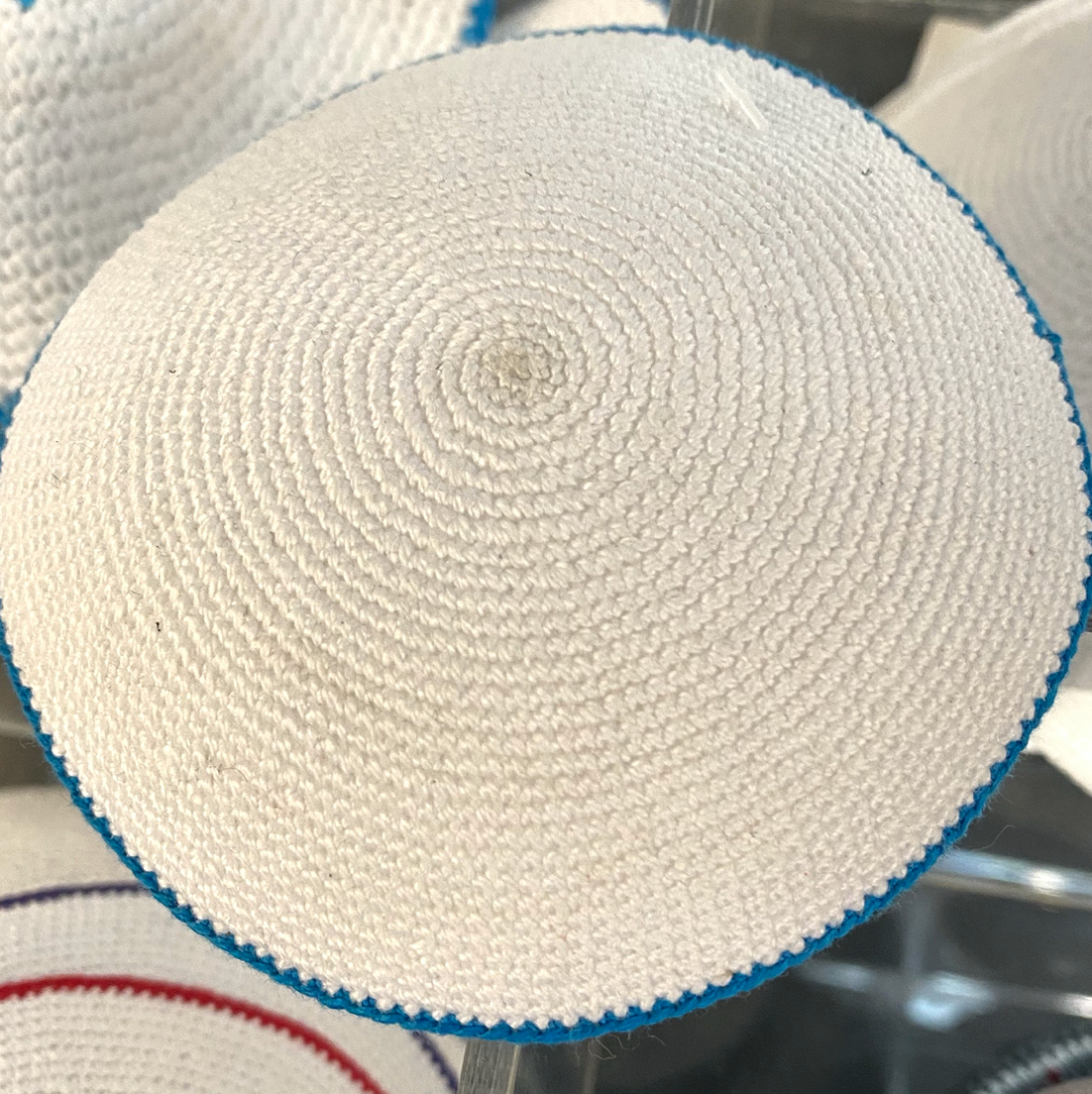 Knitted Kippot - White, with coloured rim