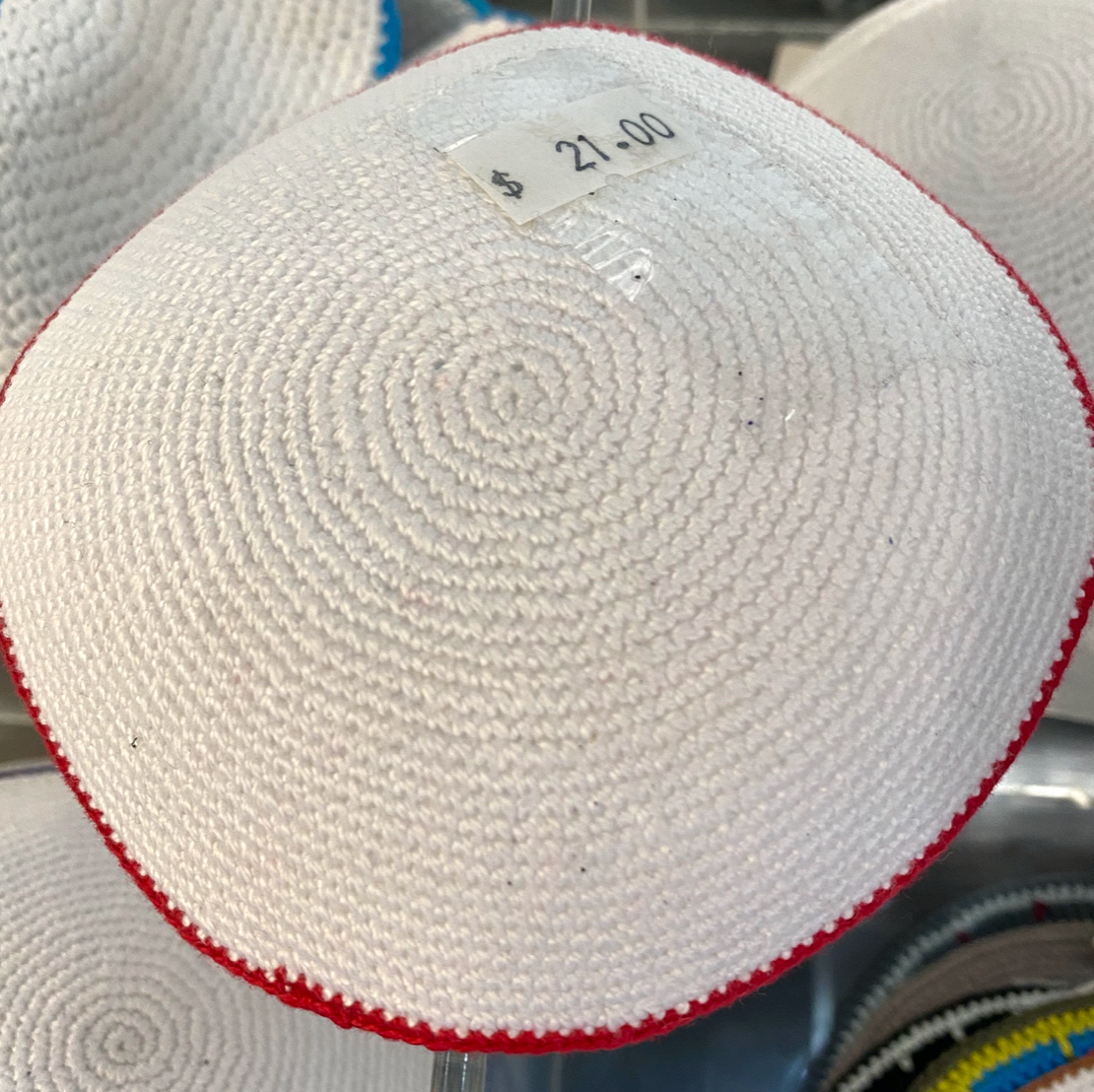 Knitted Kippot - White, with coloured rim