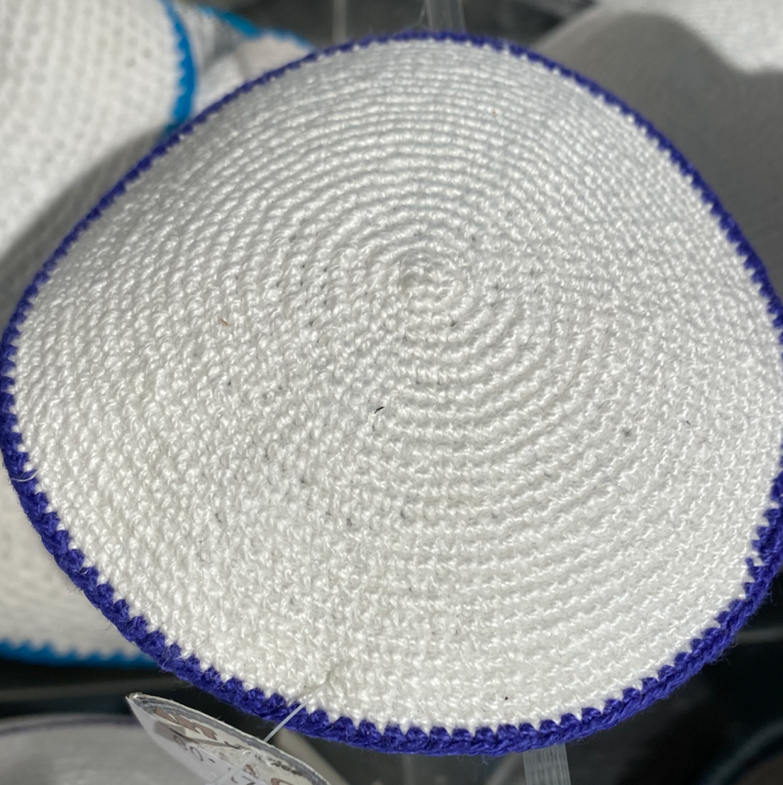 Knitted Kippot - White, with coloured rim