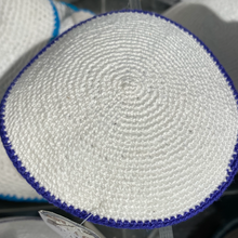 Load image into Gallery viewer, Knitted Kippot - White, with coloured rim
