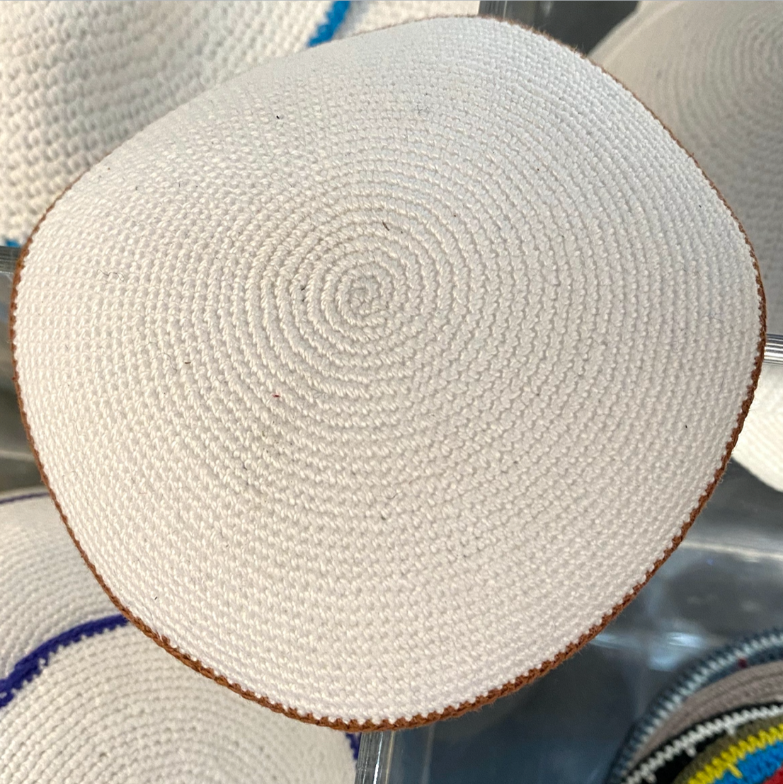 Knitted Kippot - White, with coloured rim