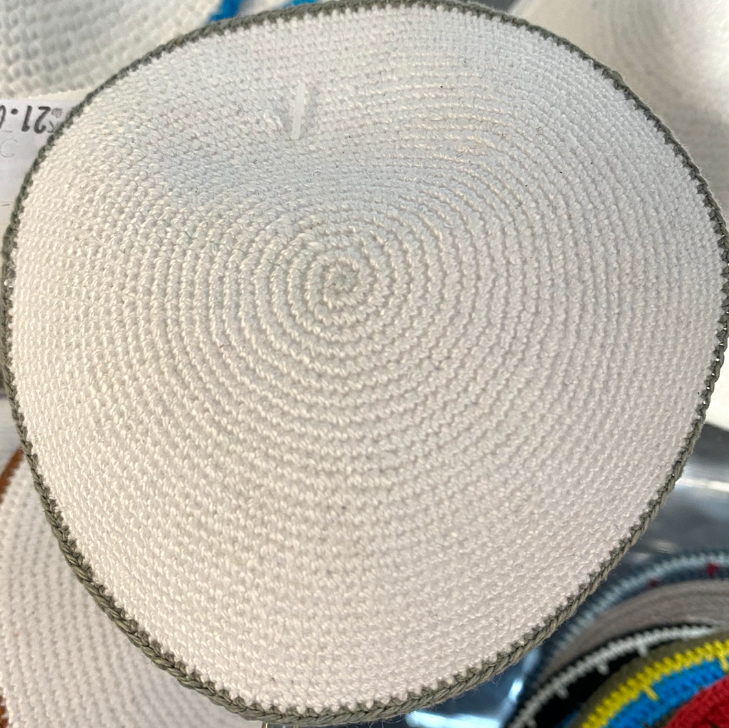 Knitted Kippot - White, with coloured rim
