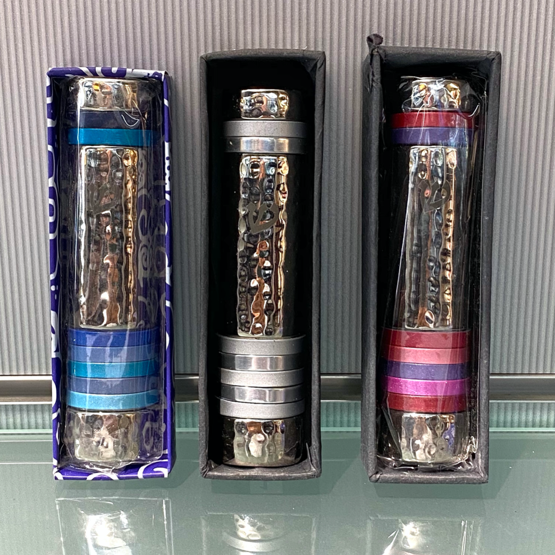 Designer Mezuzah - Silver with coloured stripes