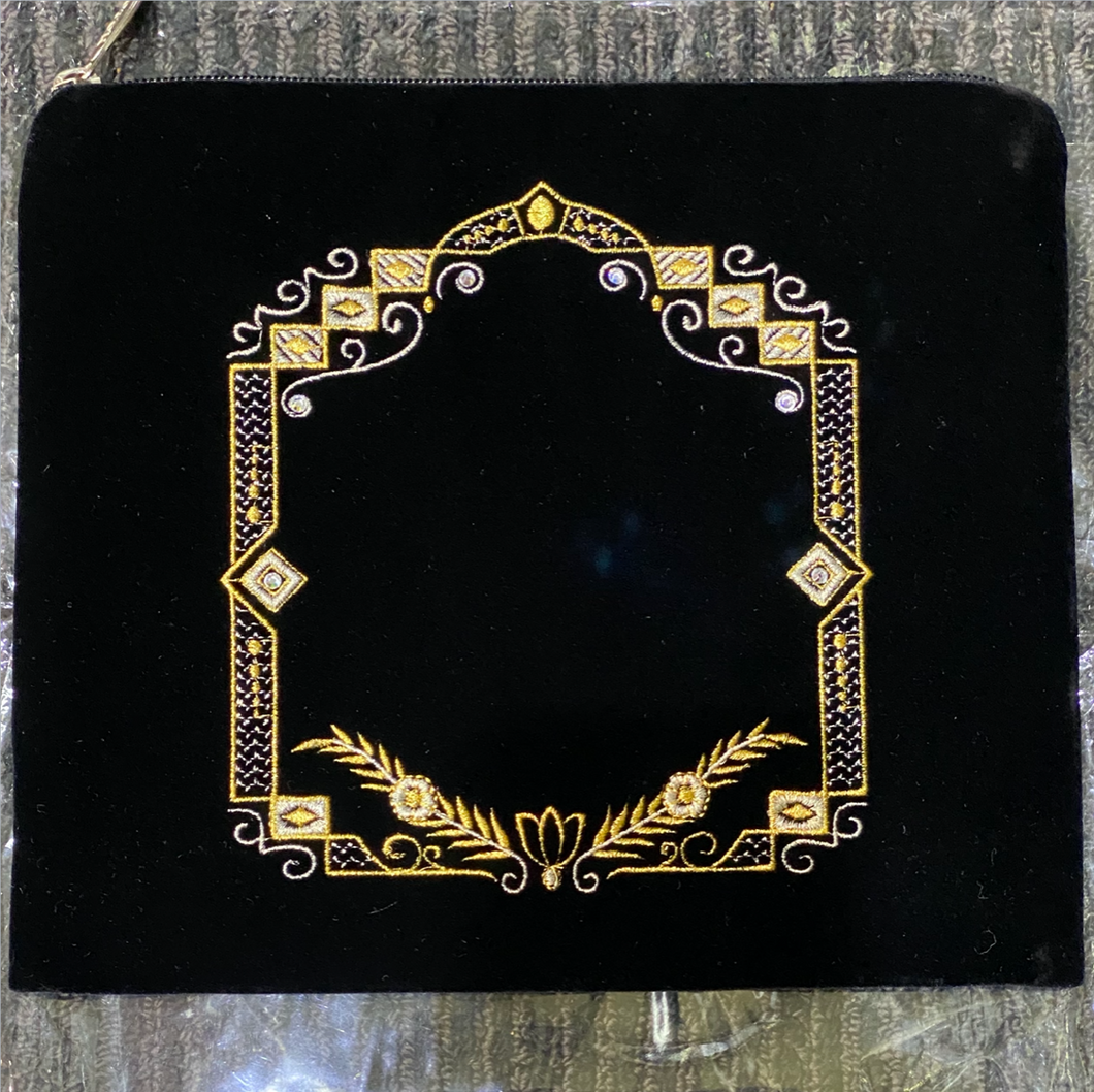 Tefillin Bag - Black Velvet With Gold and White Embroidery
