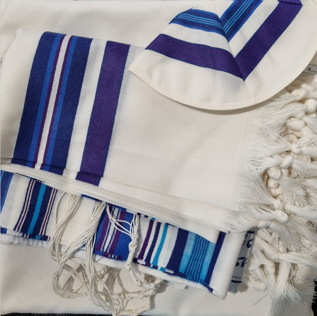 Tallit Set - Tallit, Kippah and Tallit Bag - Blue & Purple Stripes