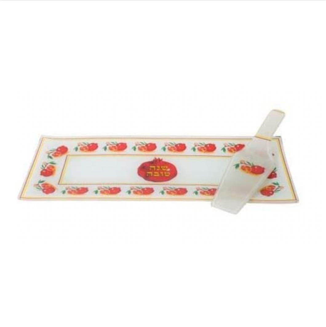 Art Judaica Reinforced Glass Tray with Spoon for Serving Cake 16x41 cm - red Pomegranates